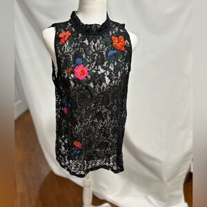 LOFT brand new with tag Elegant Black Lace Top with beautiful colorful flowers M